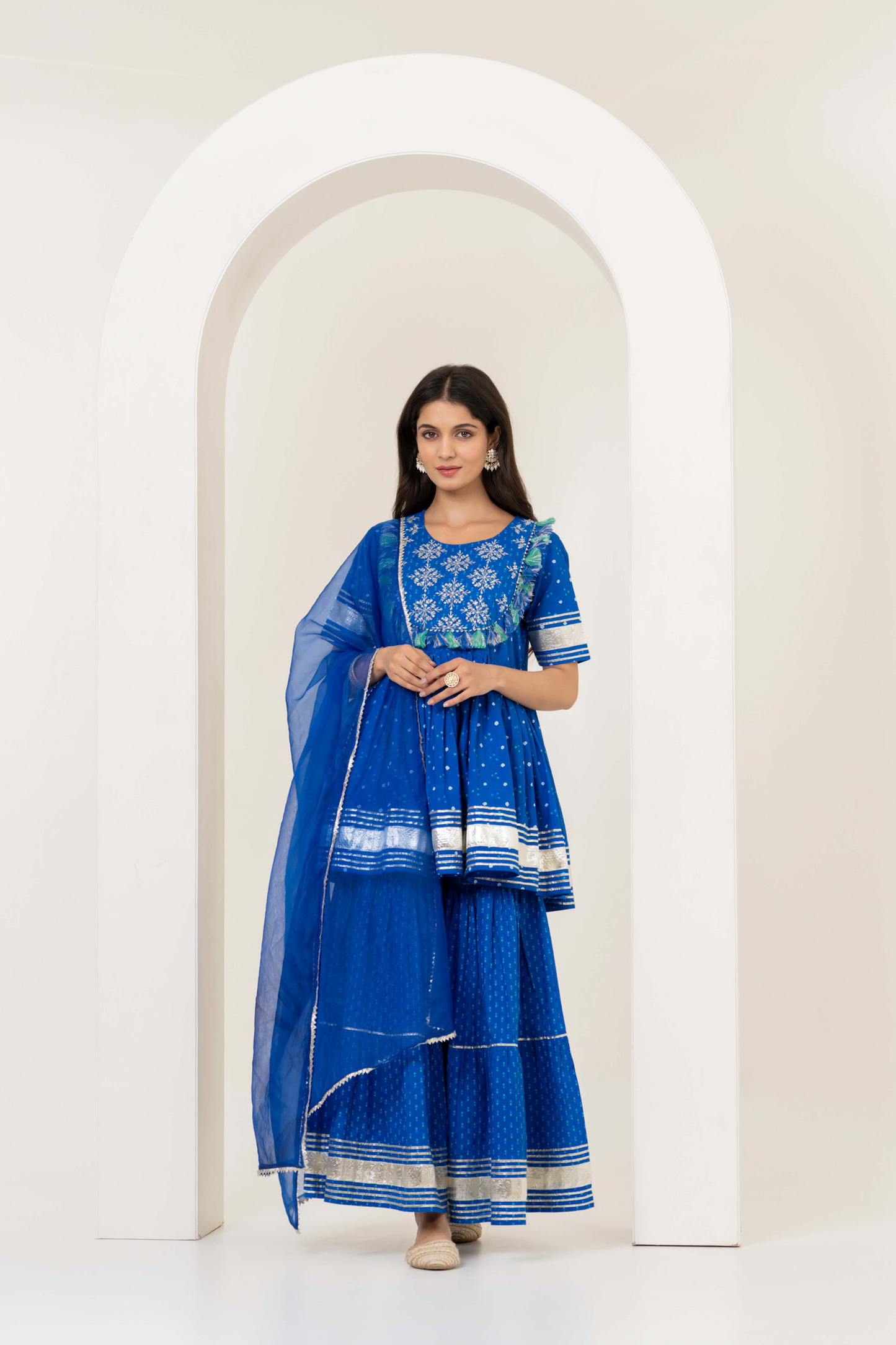 Pom Pom Anarkali Kurti, Sharara & Dupatta - Twinning in Blue