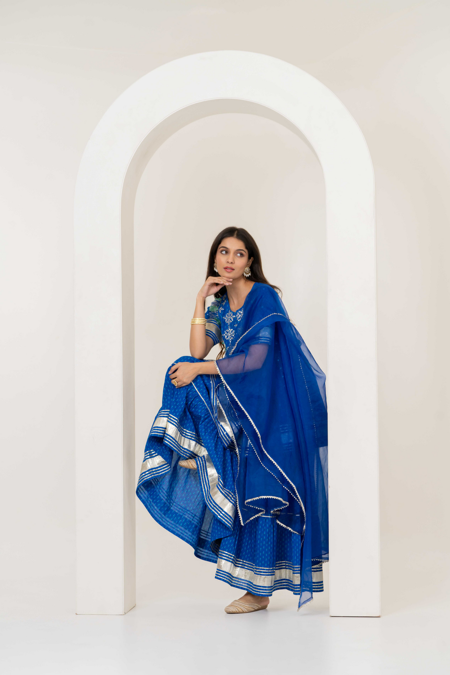 Pom Pom Anarkali Kurti, Sharara & Dupatta - Twinning in Blue