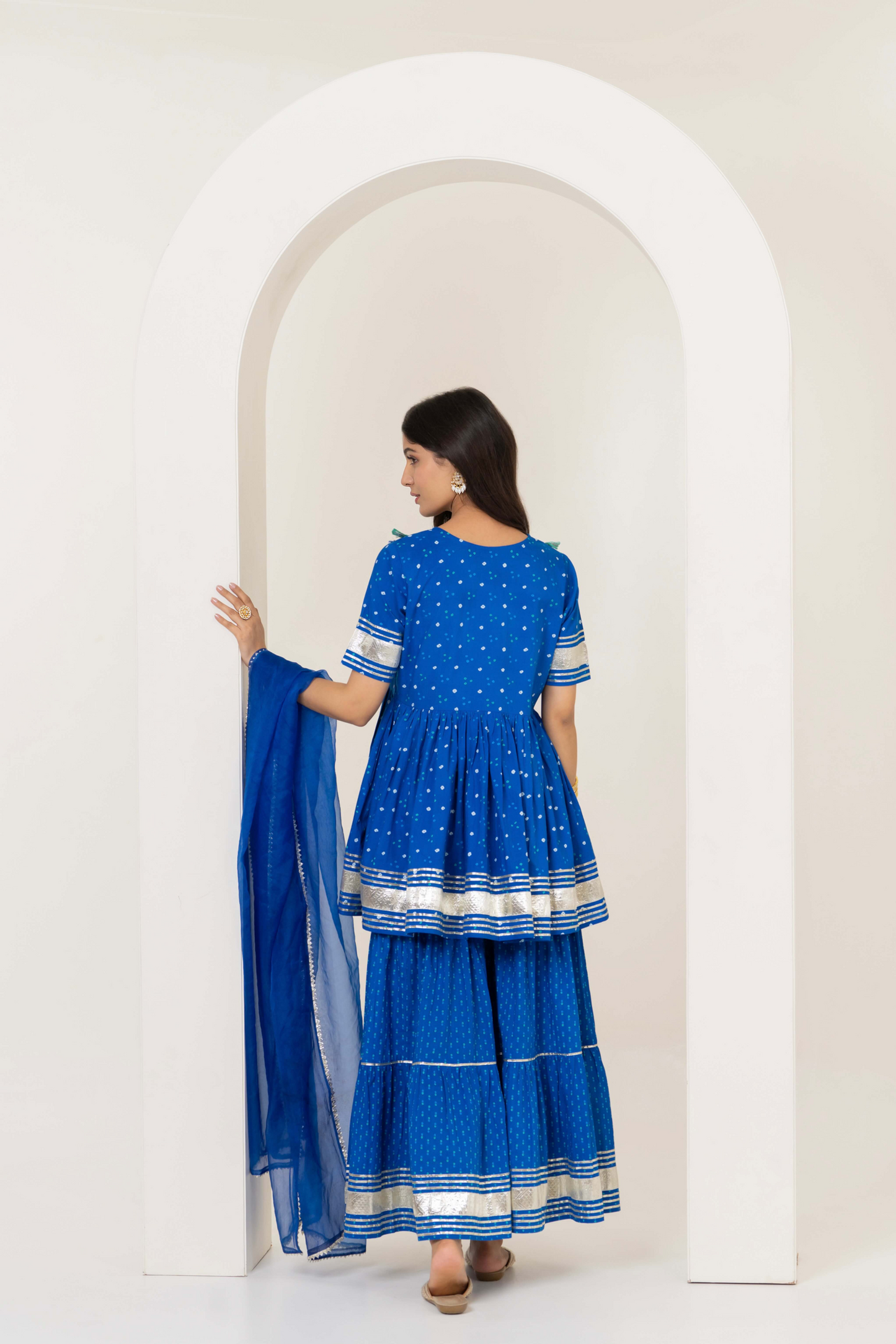 Pom Pom Anarkali Kurti, Sharara & Dupatta - Twinning in Blue