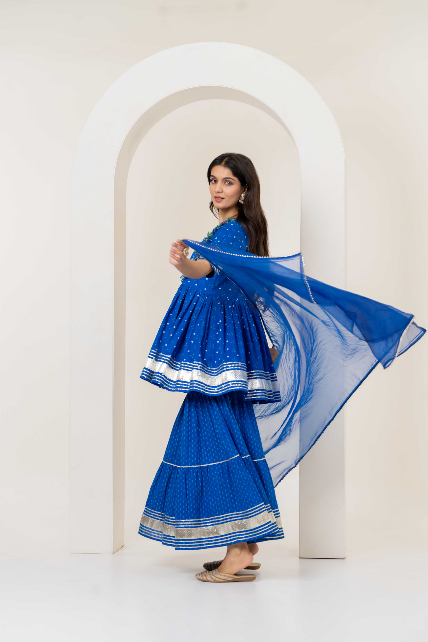 Pom Pom Anarkali Kurti, Sharara & Dupatta - Twinning in Blue