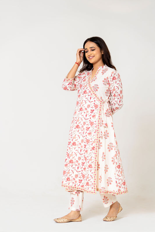 Elegant Off-White Floral Angrakha Kurta Set