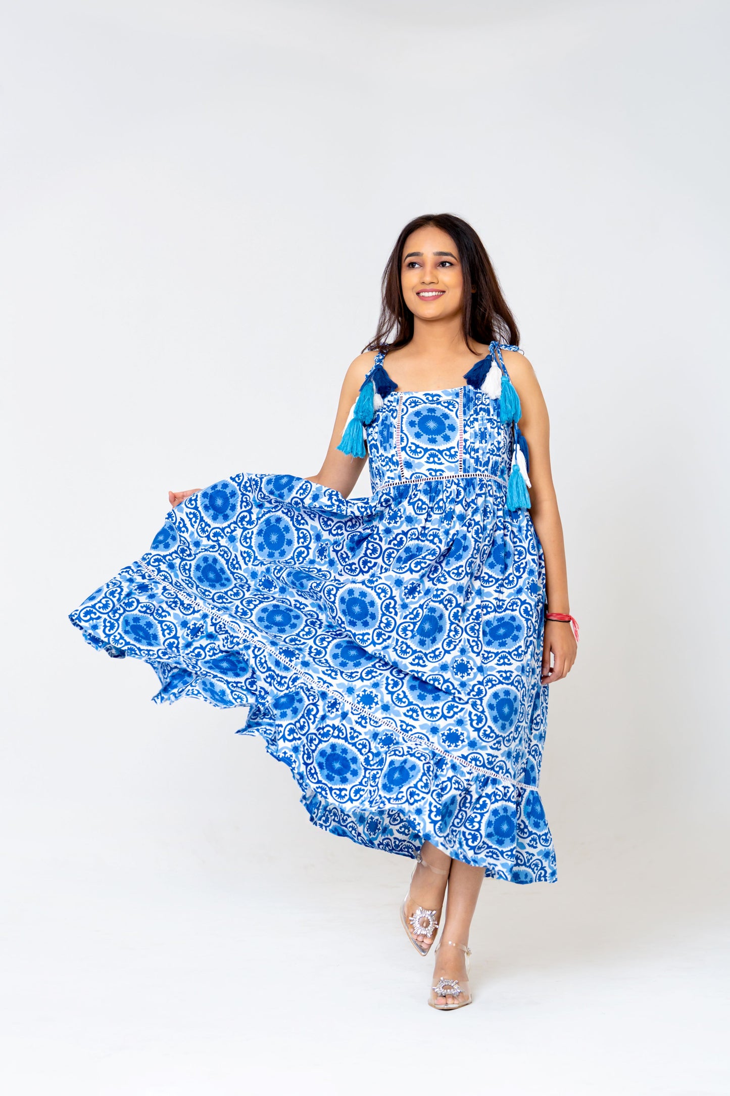 Mom & Daughter Chic White & Blue Floral Midi Dress - Twinning in Style!