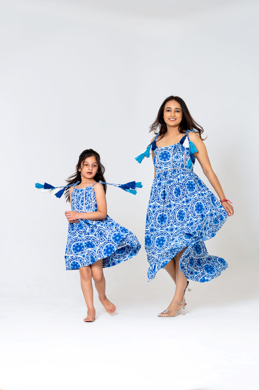 Mom & Daughter Chic White & Blue Floral Midi Dress - Twinning in Style!