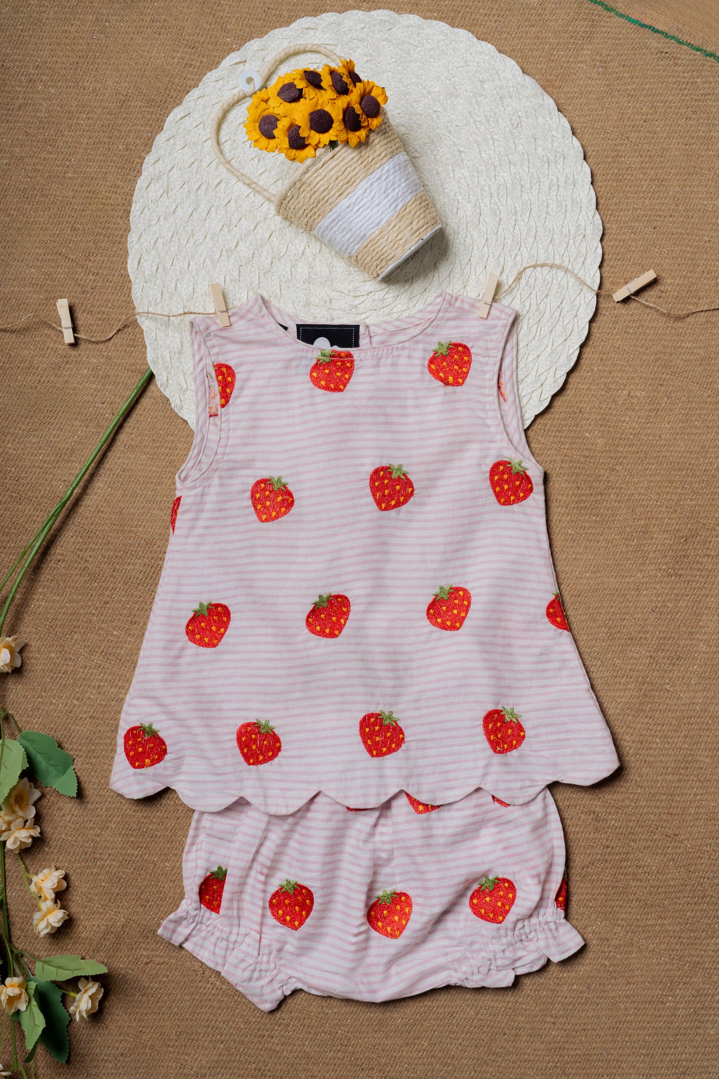 Strawberry Embroidered Cotton Designer Baby Frock & Shorts