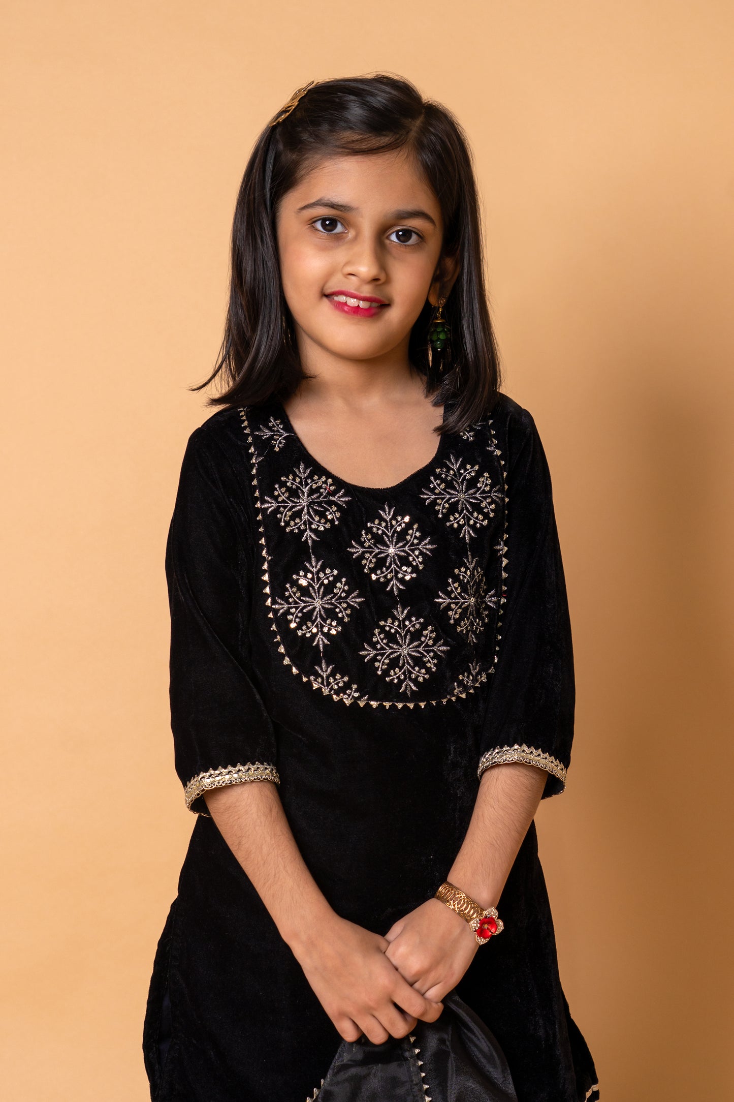 Black Velvet Printed 3-pc Kurti, Sharara & Dupatta Set for Girls