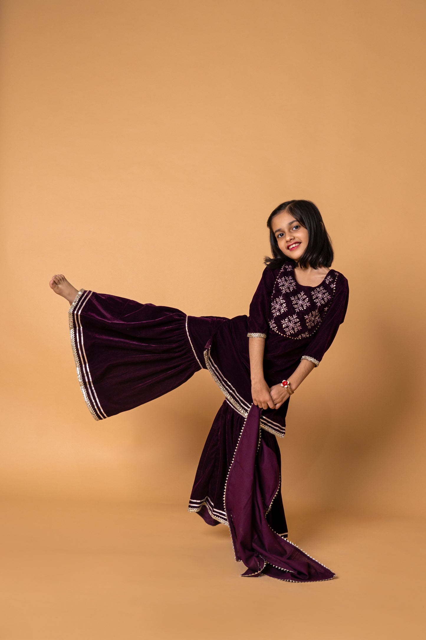 Wine Velvet Printed 3-pc Kurti, Sharara & Dupatta Set for Girls