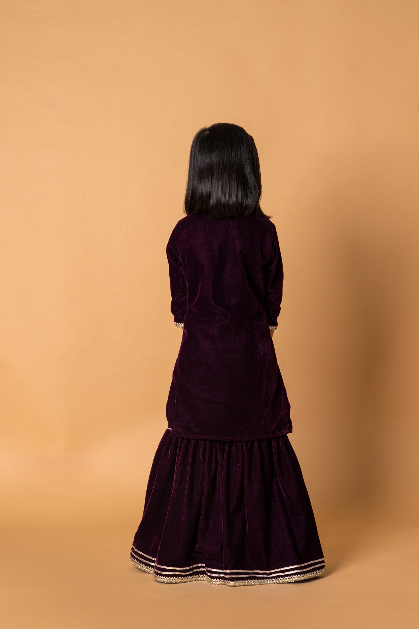 Wine Velvet Printed 3-pc Kurti, Sharara & Dupatta Set for Girls