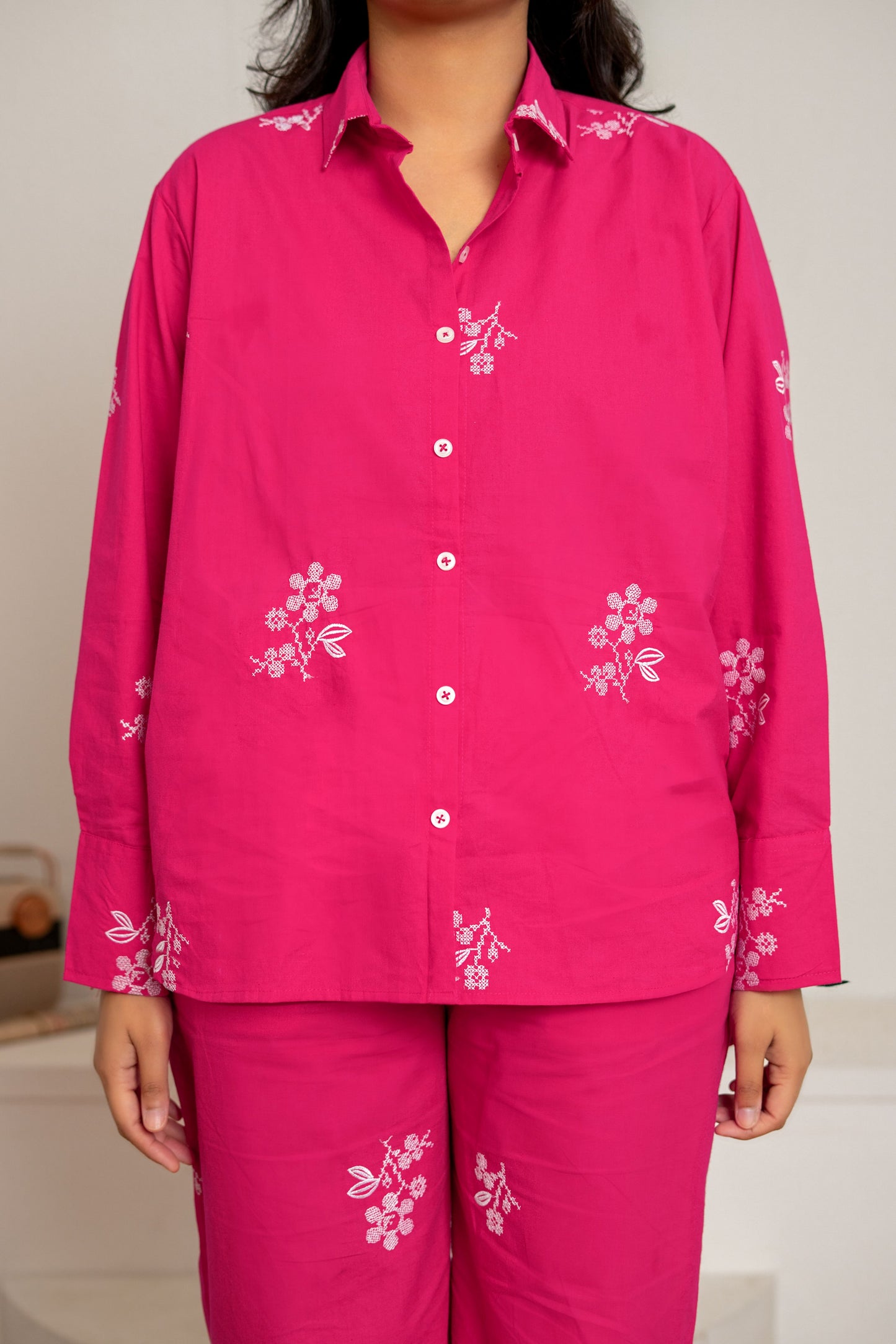 Fuchsia Pink Embroidered Co-ord Set – Resort Wear for Women