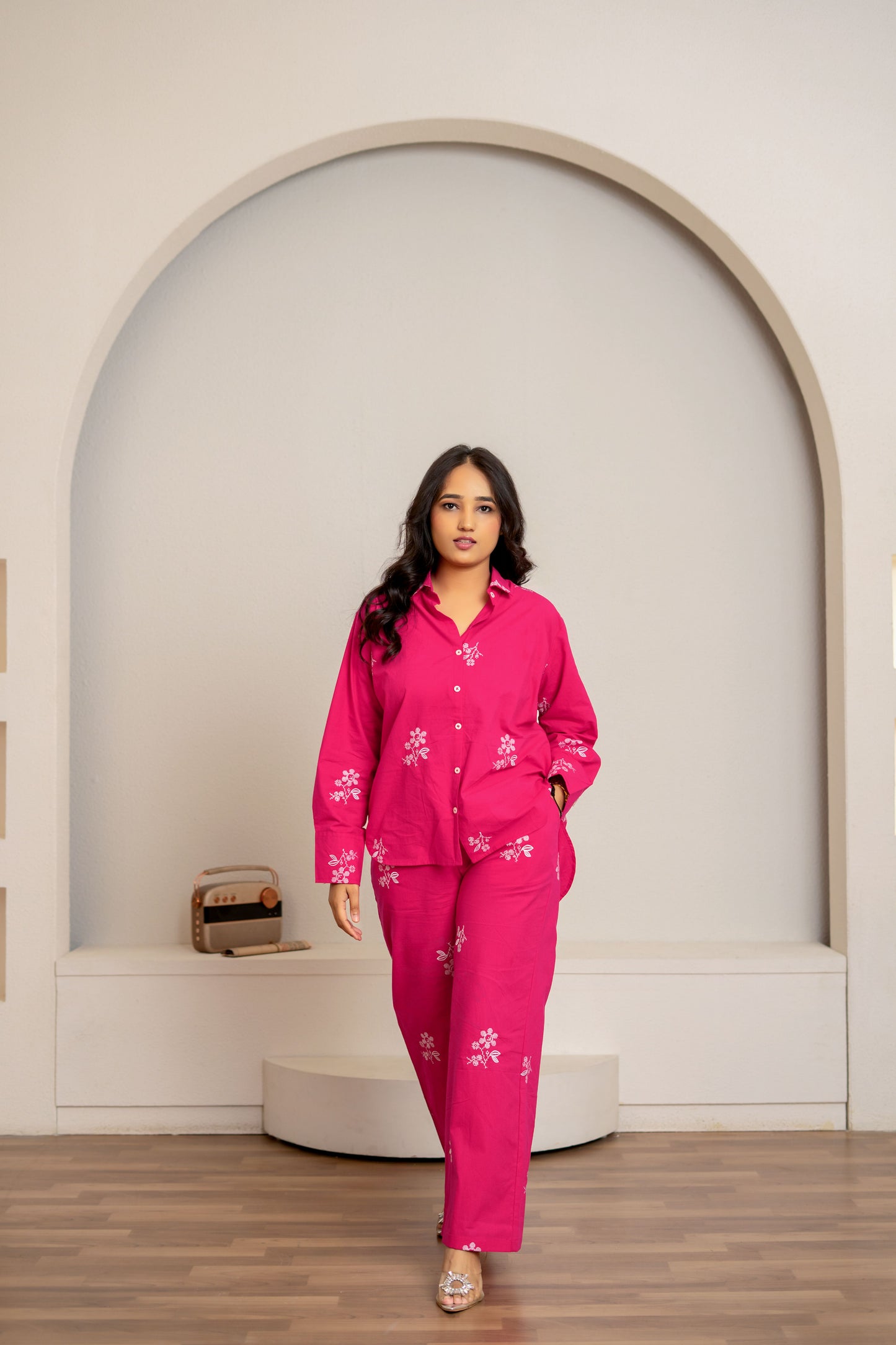 Fuchsia Pink Embroidered Co-ord Set – Resort Wear for Women