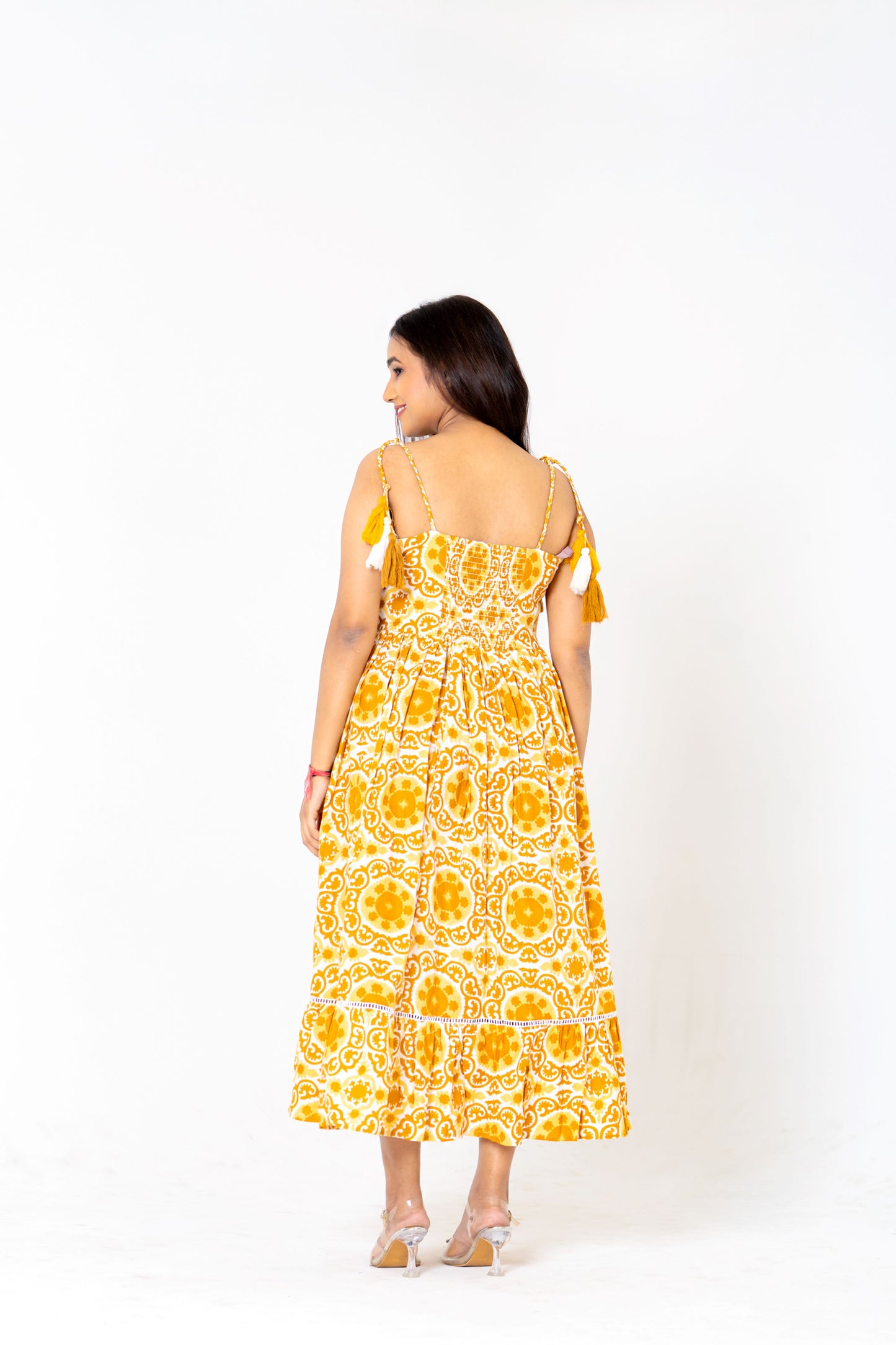 Radiant Mustard Yellow Printed Midi Dress