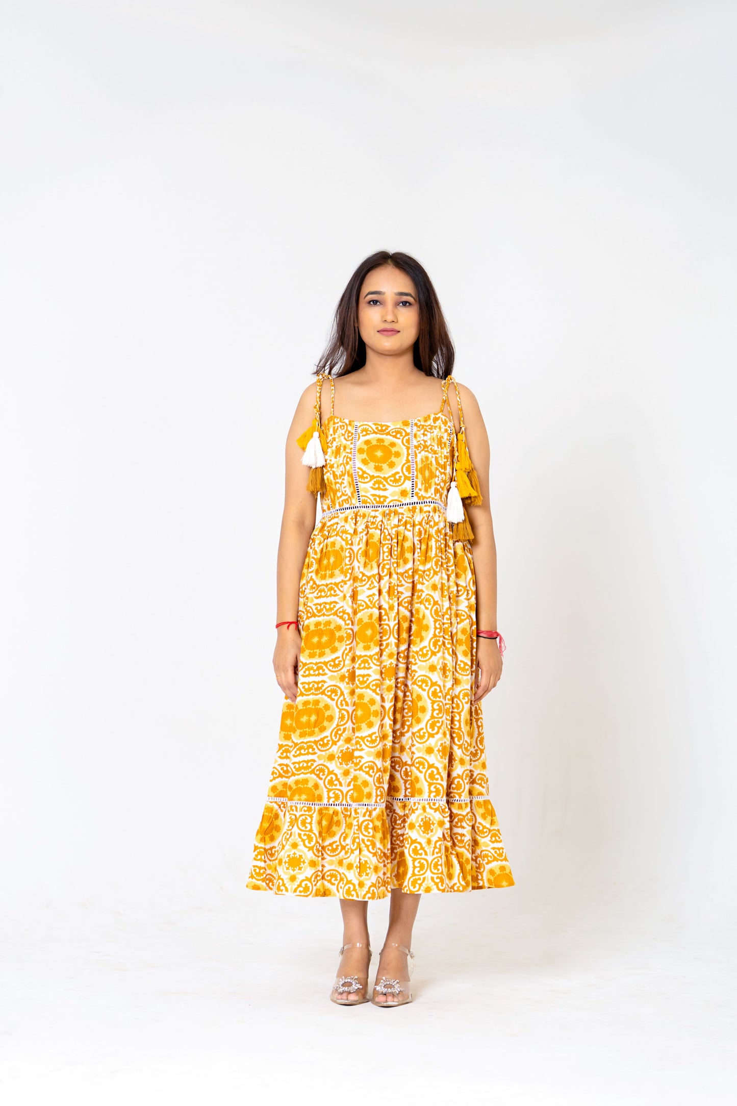 Radiant Mustard Yellow Printed Midi Dress