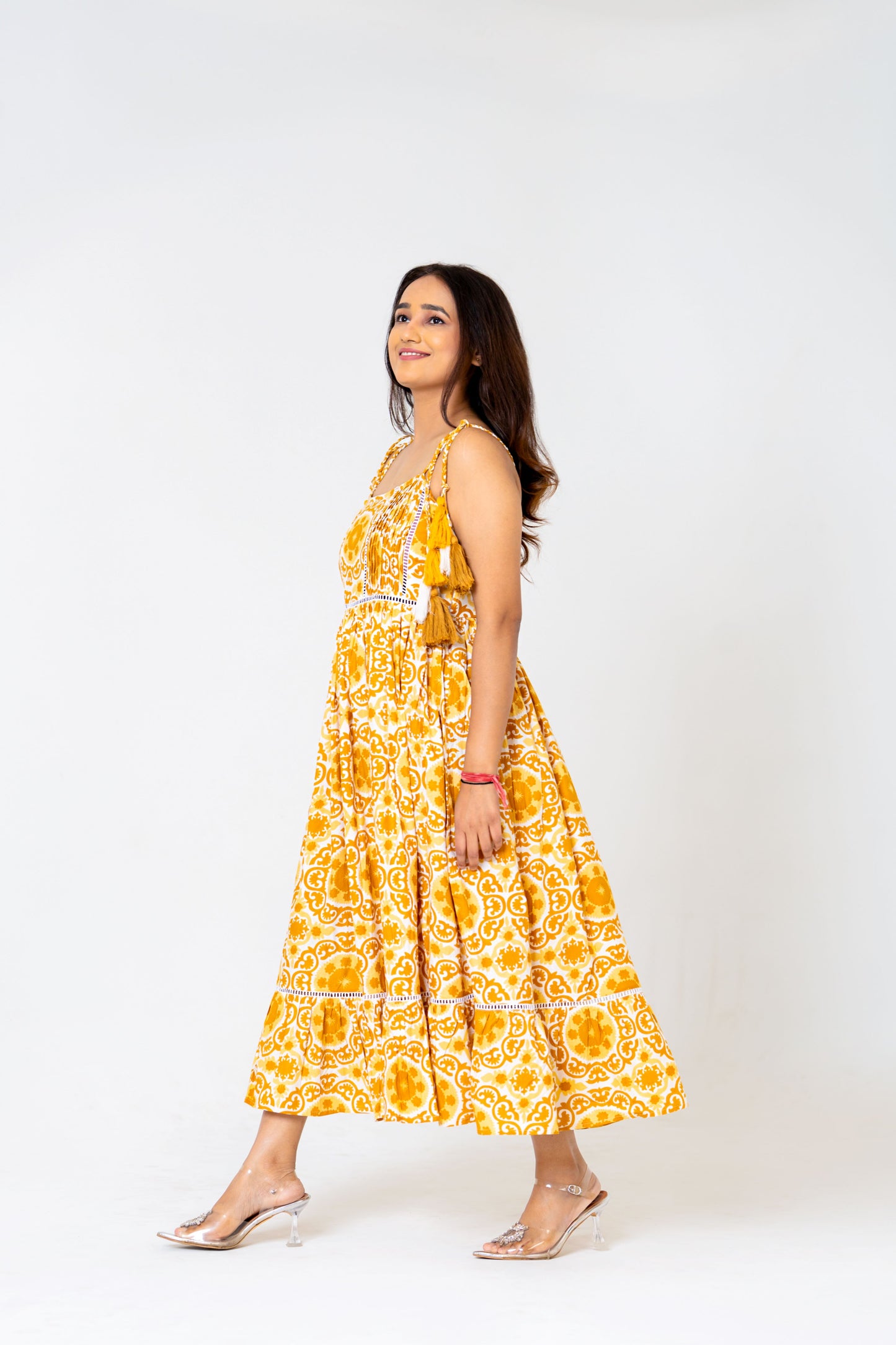 Radiant Mustard Yellow Printed Midi Dress