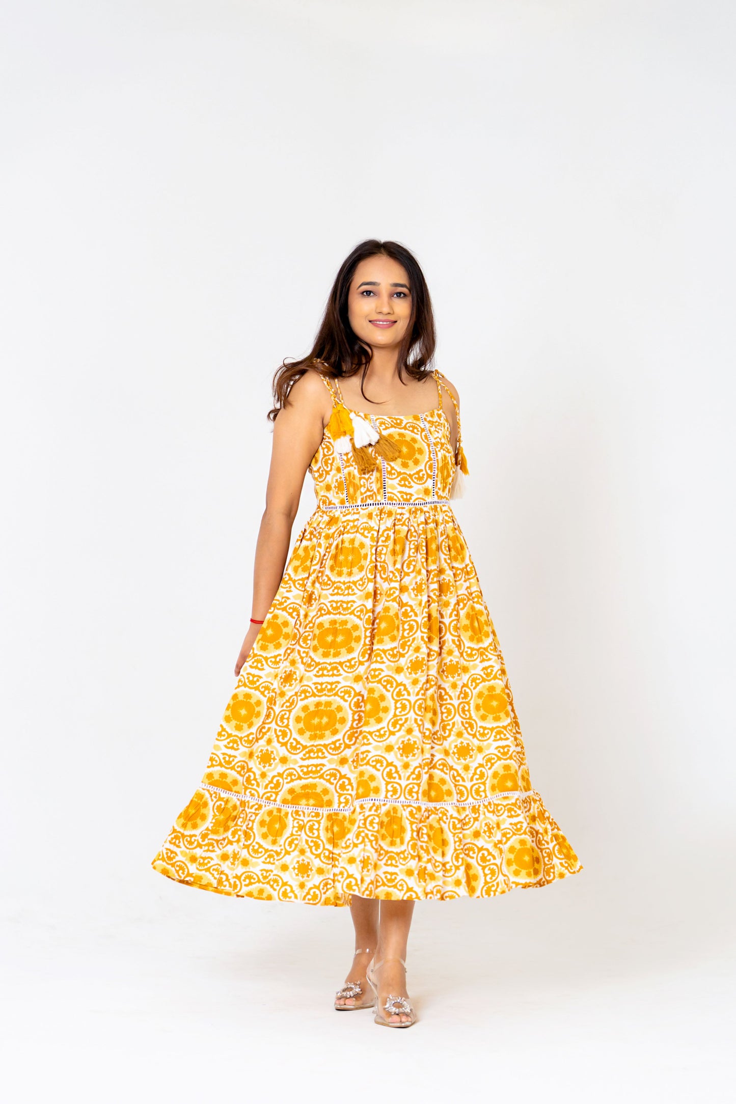 Radiant Mustard Yellow Printed Midi Dress