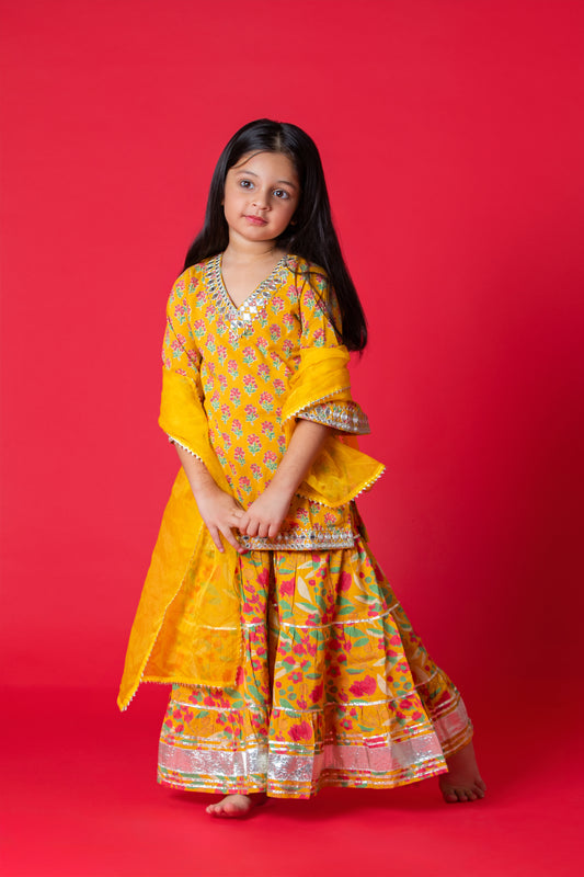 Yellow Orchid 3-pc Kurti, Sharara  & Dupatta Set for Girls