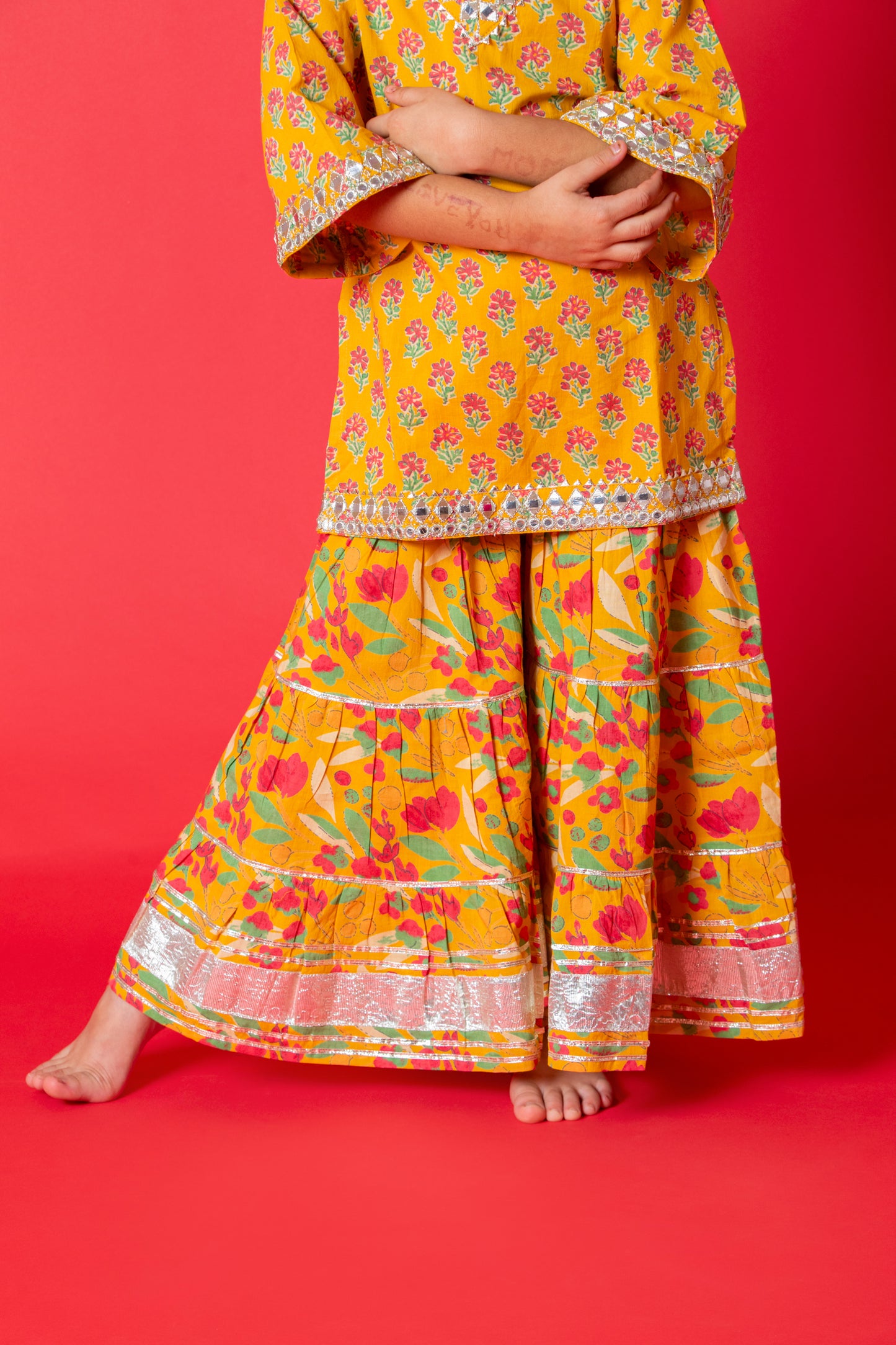 Yellow Orchid 3-pc Kurti, Sharara & Dupatta Set for Girls
