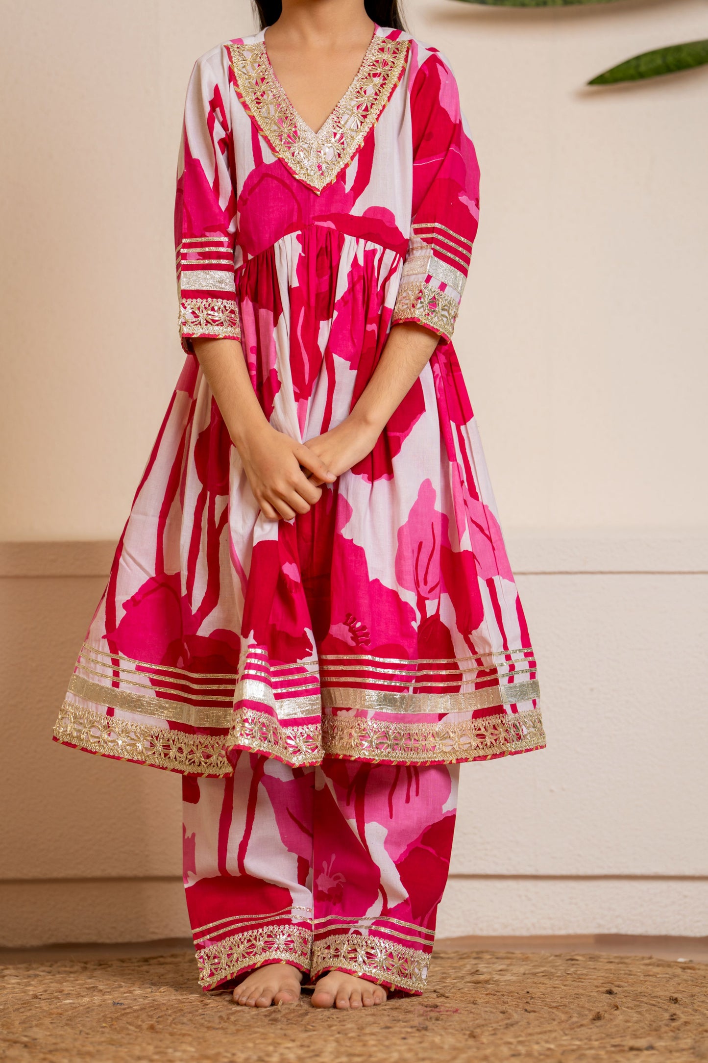 Pink Flower Anarkali 3-pc Suit Set for Girls