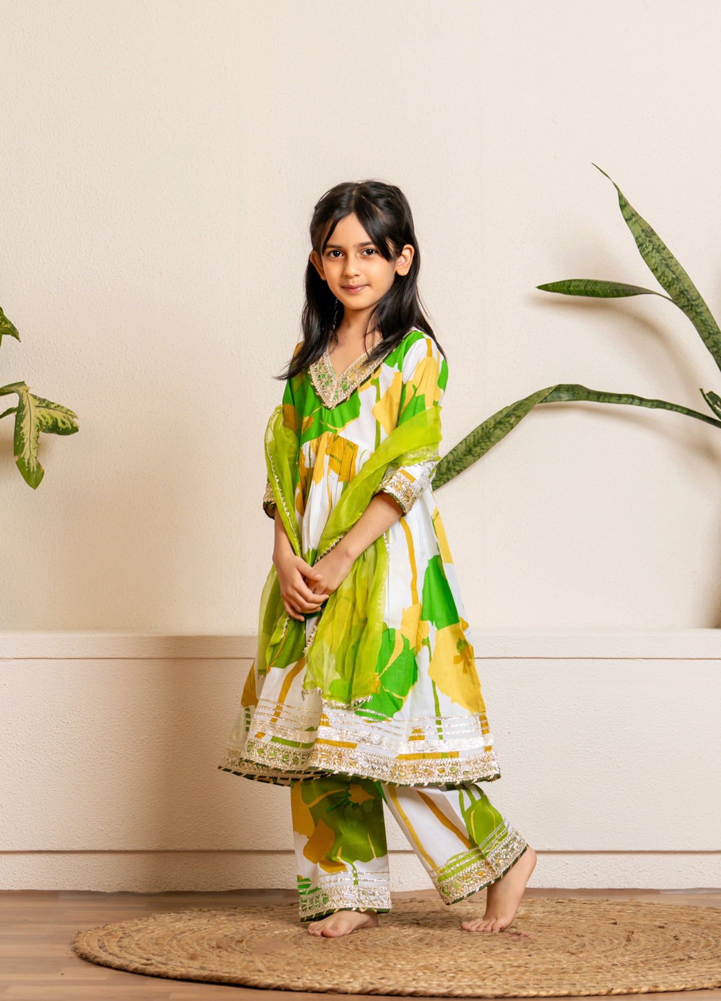 White & Lime Gota Work Kurta Set for Mom & Daughter - Twinning in Tradition