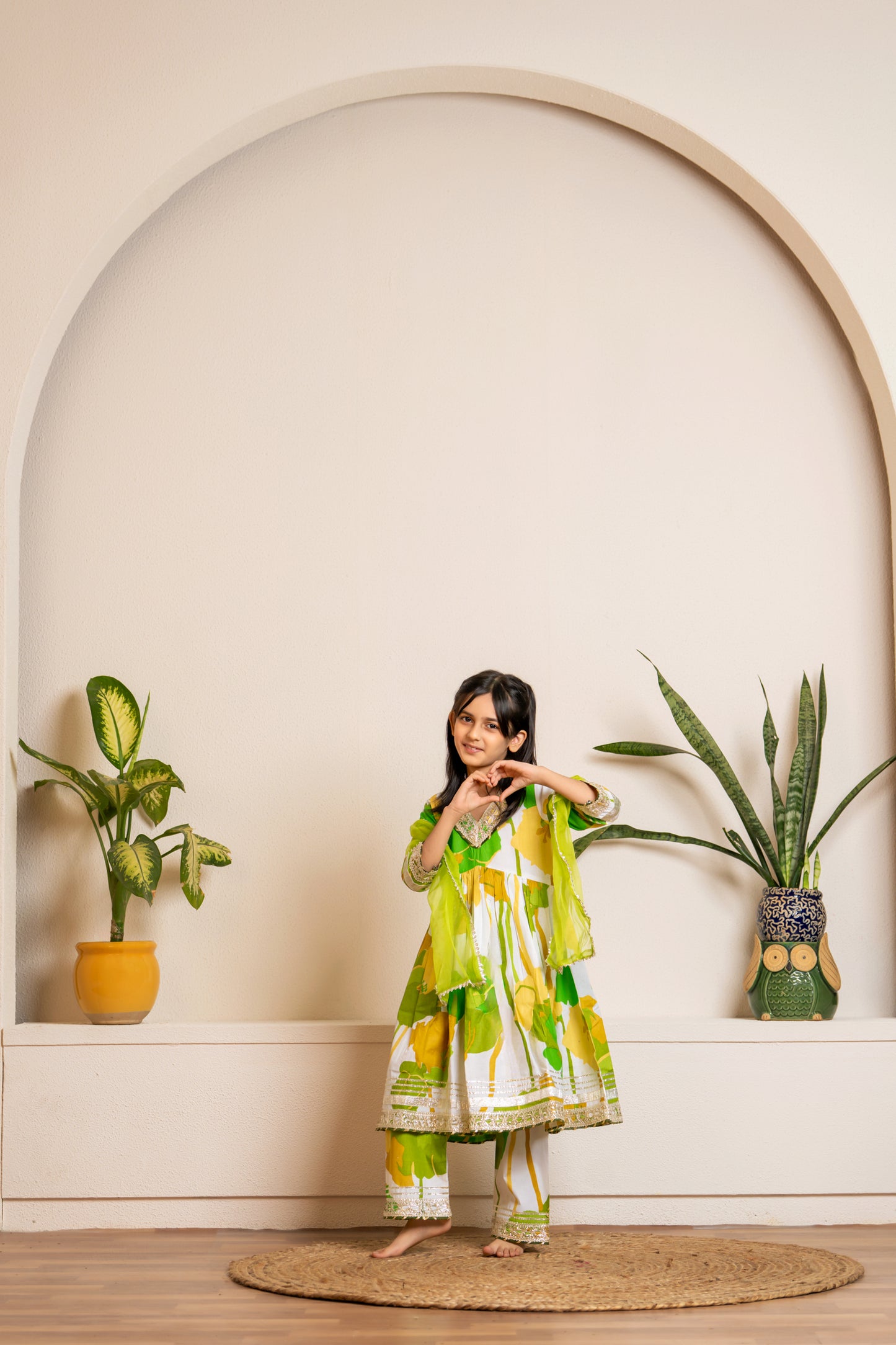 Green Flower Anarkali 3-pc Suit Set for Girls
