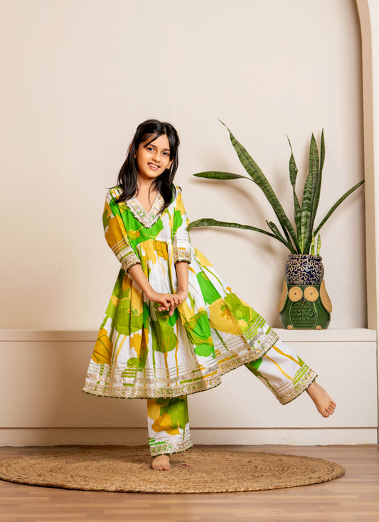 White & Lime Gota Work Kurta Set for Mom & Daughter - Twinning in Tradition