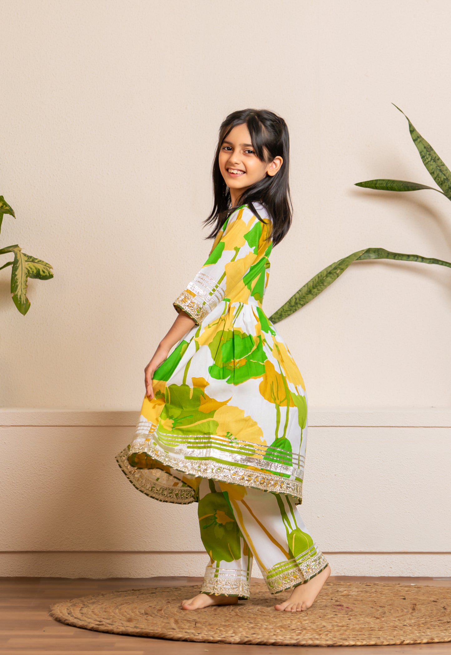 White & Lime Gota Work Kurta Set for Mom & Daughter - Twinning in Tradition