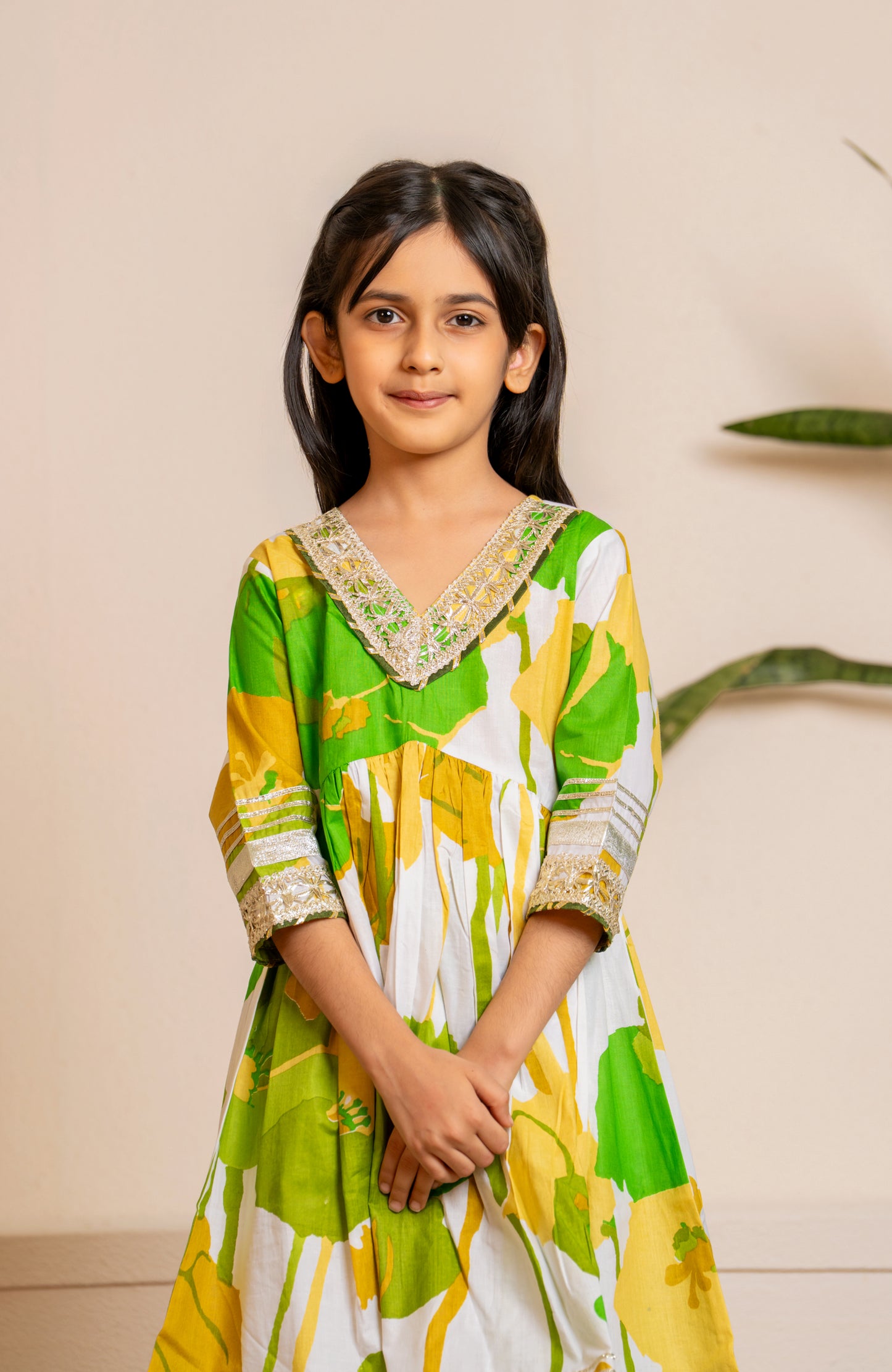 White & Lime Gota Work Kurta Set for Mom & Daughter - Twinning in Tradition