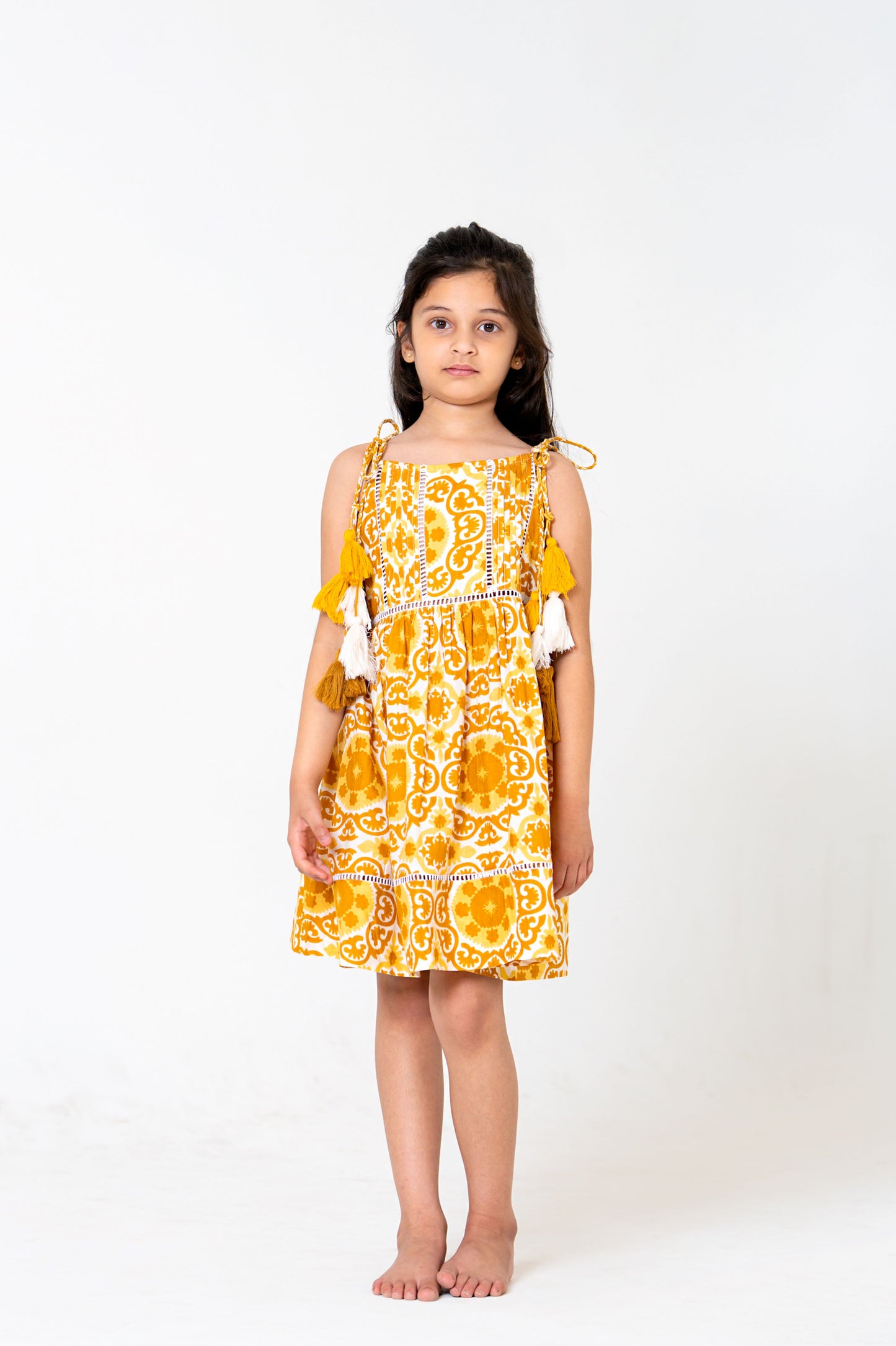Chic White & Mustard Yellow Floral Midi Dress