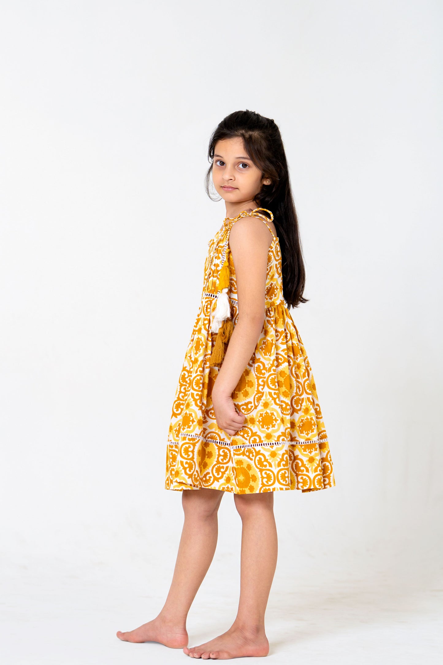 Chic White & Mustard Yellow Floral Midi Dress