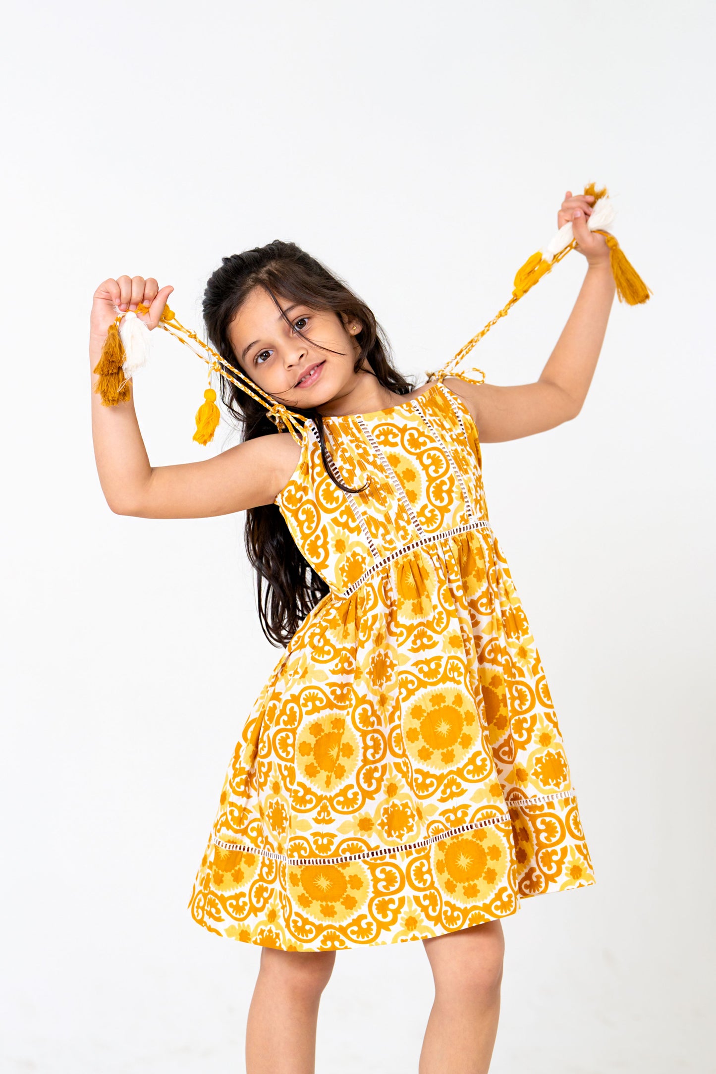 Chic White & Mustard Yellow Floral Midi Dress