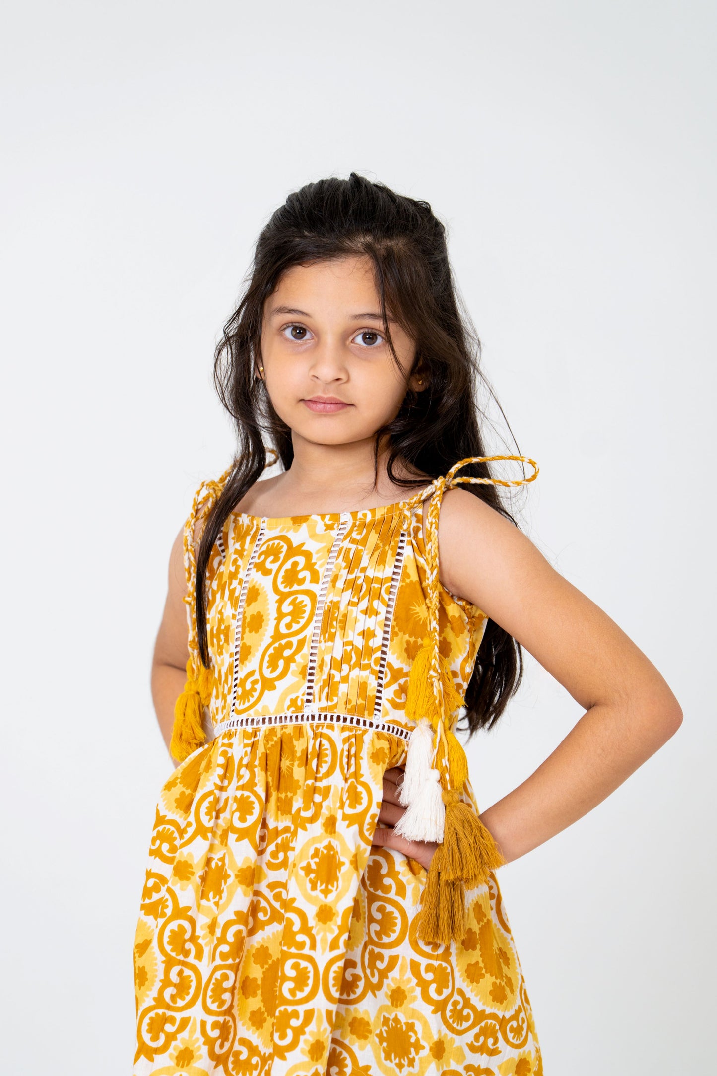 Chic White & Mustard Yellow Floral Midi Dress