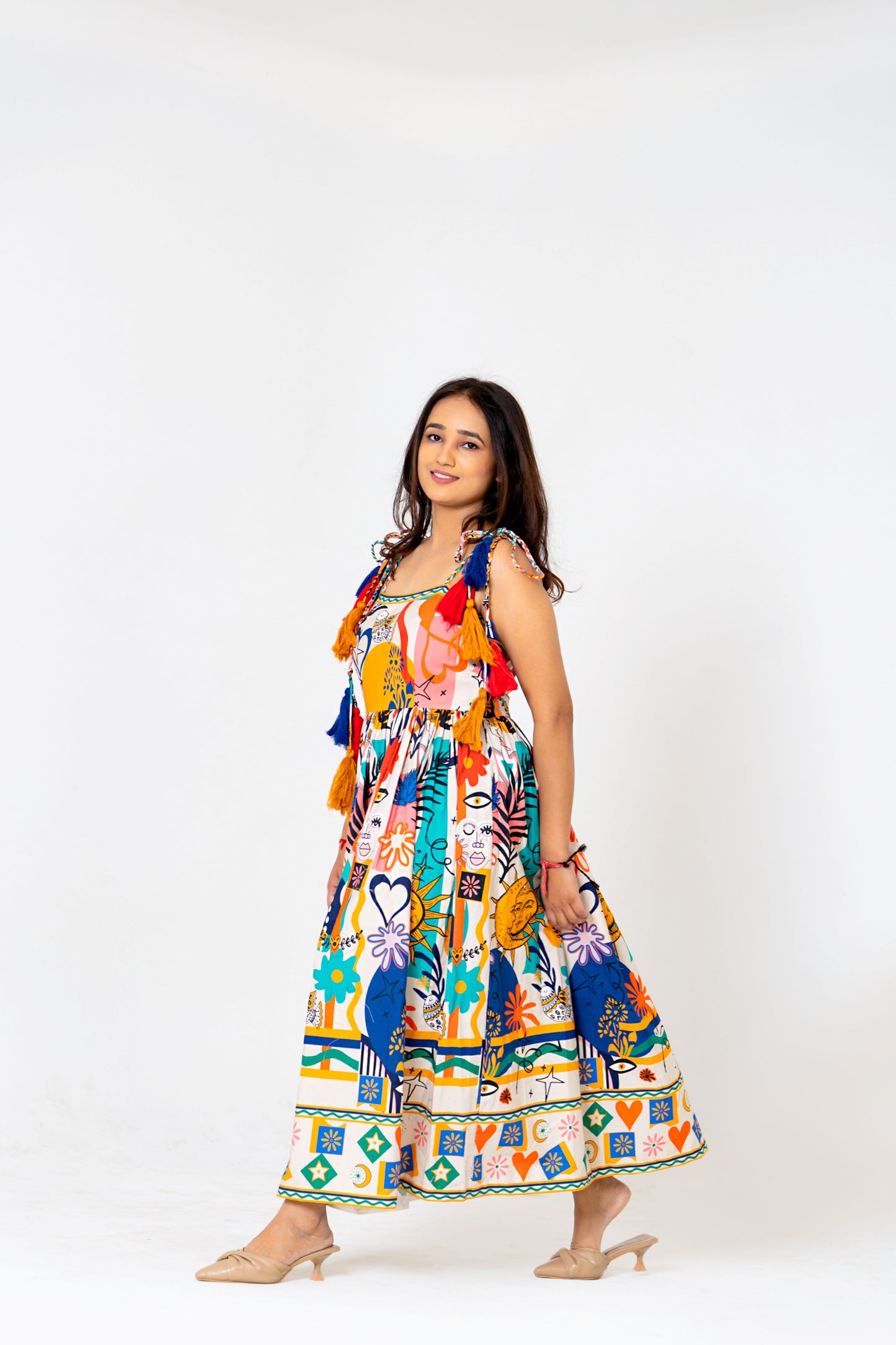 Celestial Sun & Birds Dance Dress β Where Art Meets Elegance