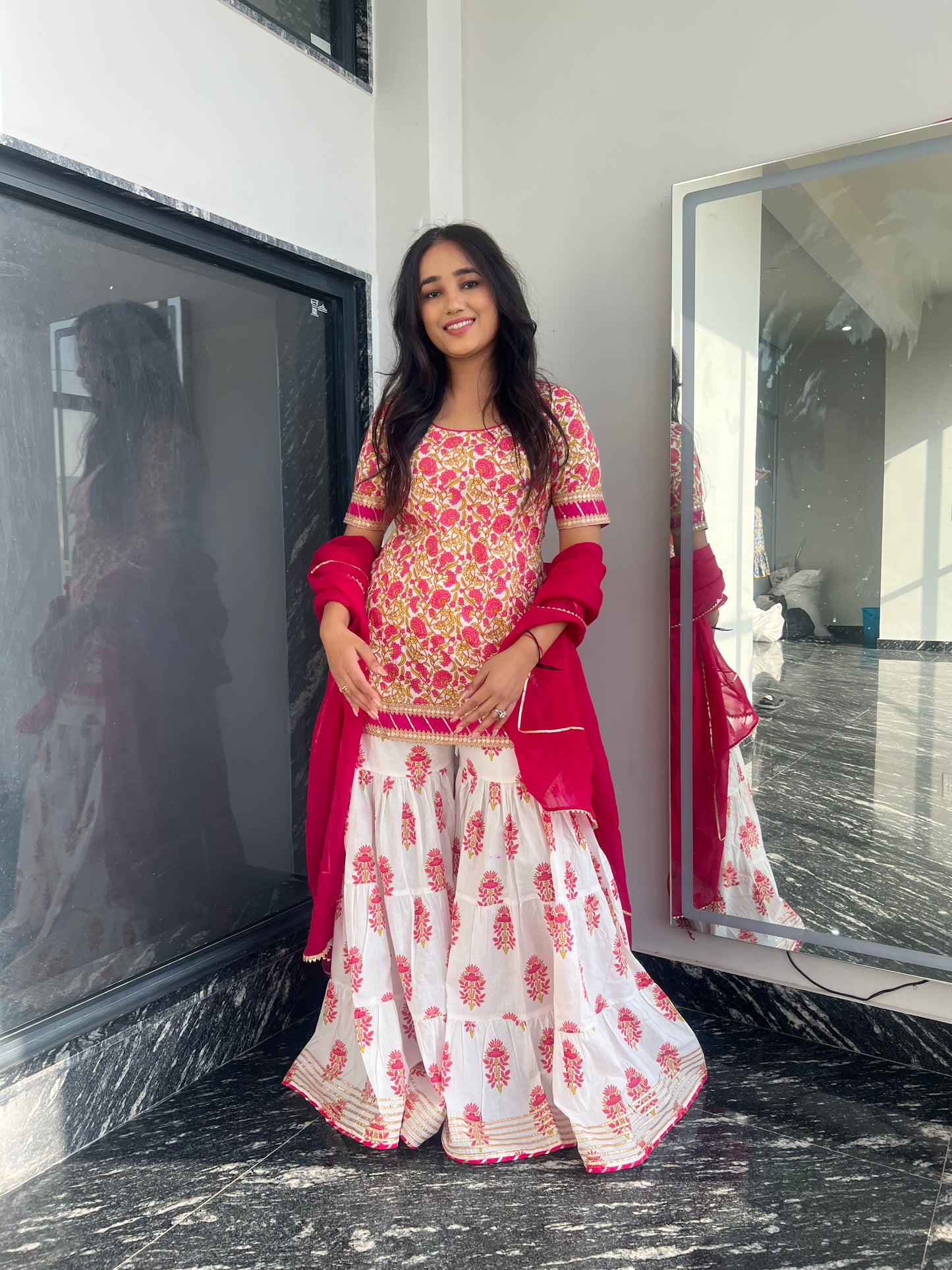 Pink Daisy Jaipuri Sharara Set - Twinning in Pink