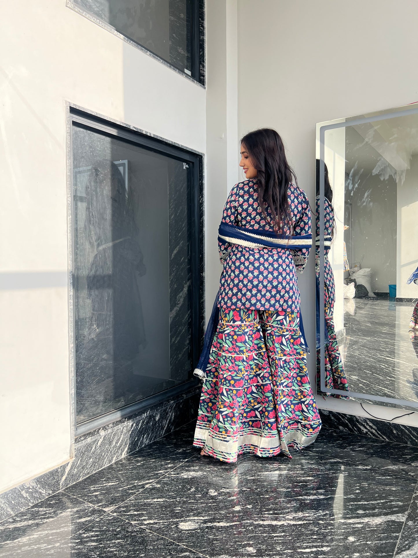 Blue Orchid Floral & Mirror Work Kurta, Sharara and Dupatta Set