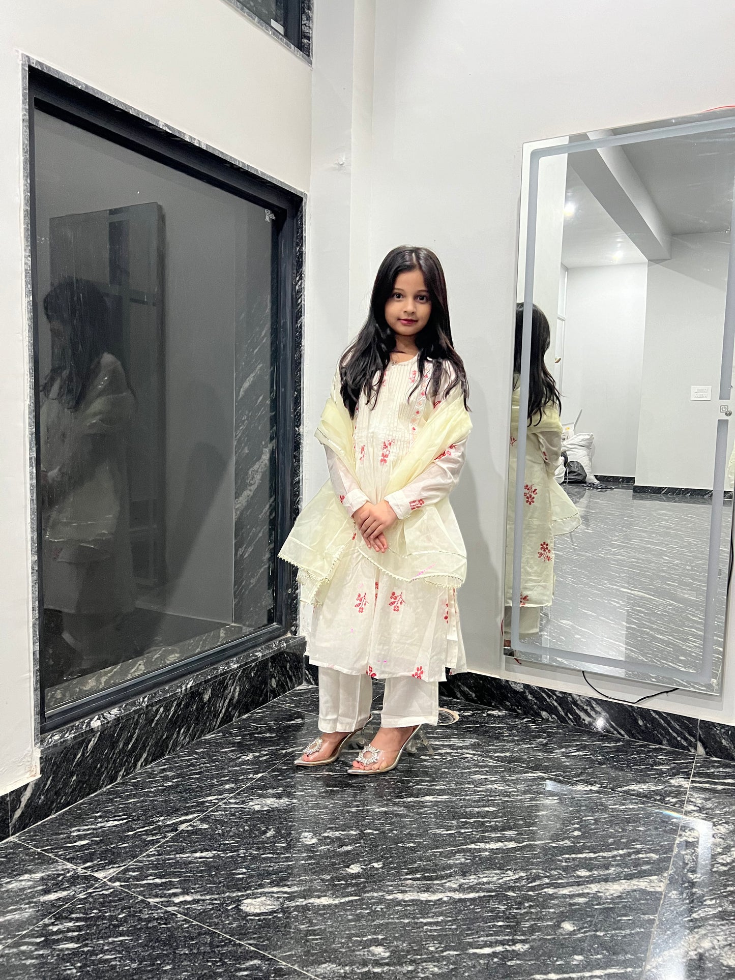 Mul Chanderi Embroidered Set - Twinning in Off-White