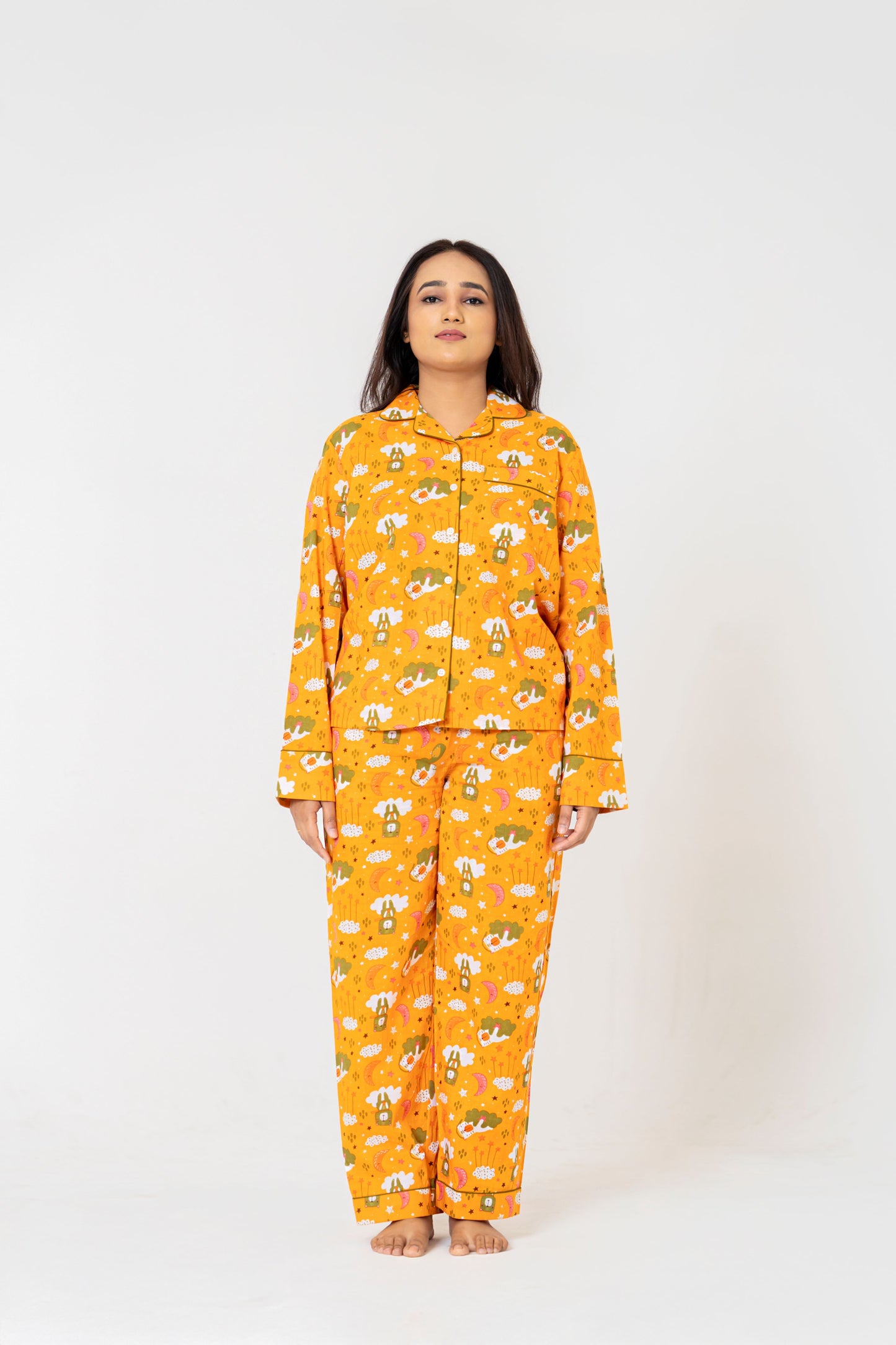 Cozy Orange Cartoon Print Night Suit Set
