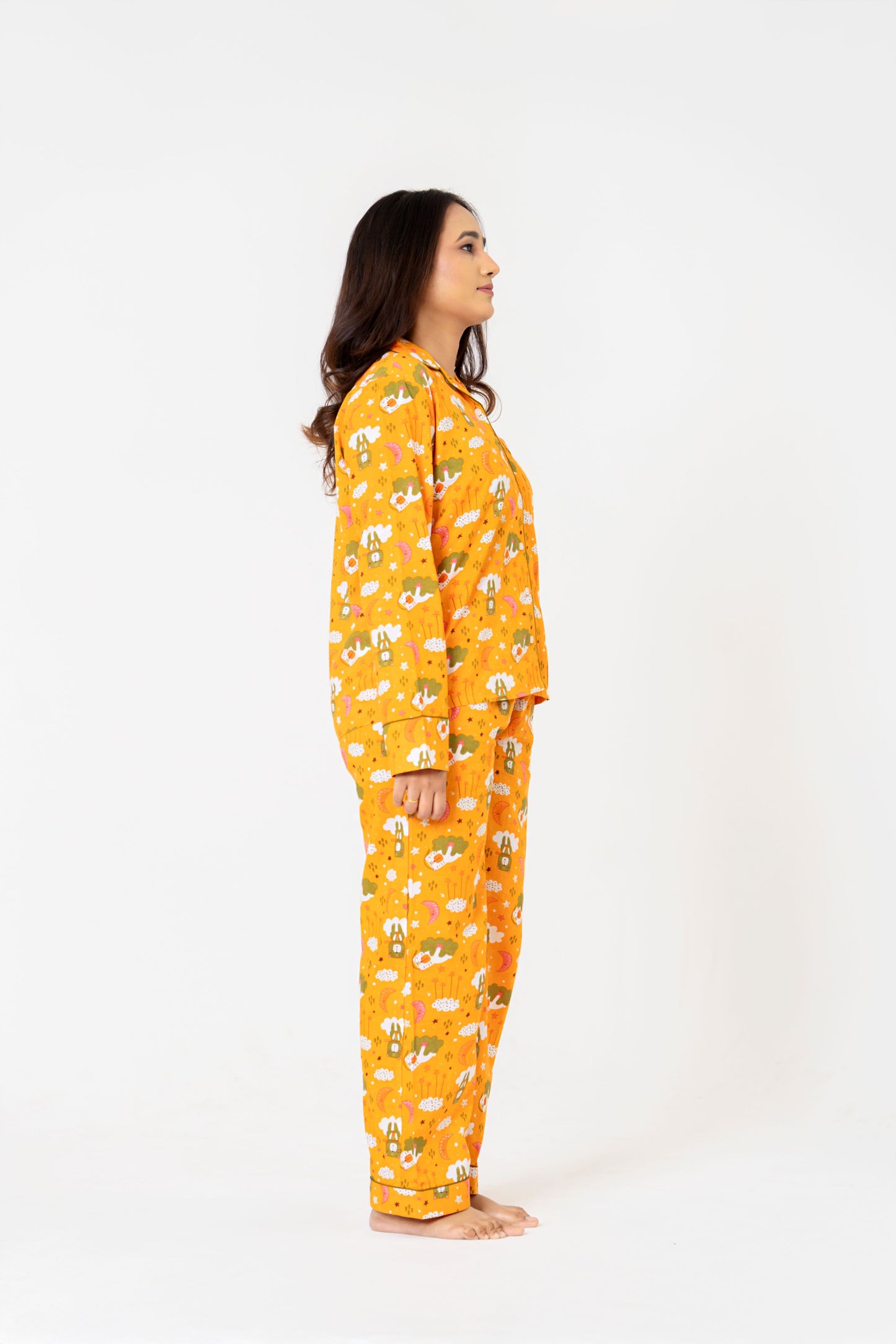 Cozy Orange Cartoon Print Night Suit Set