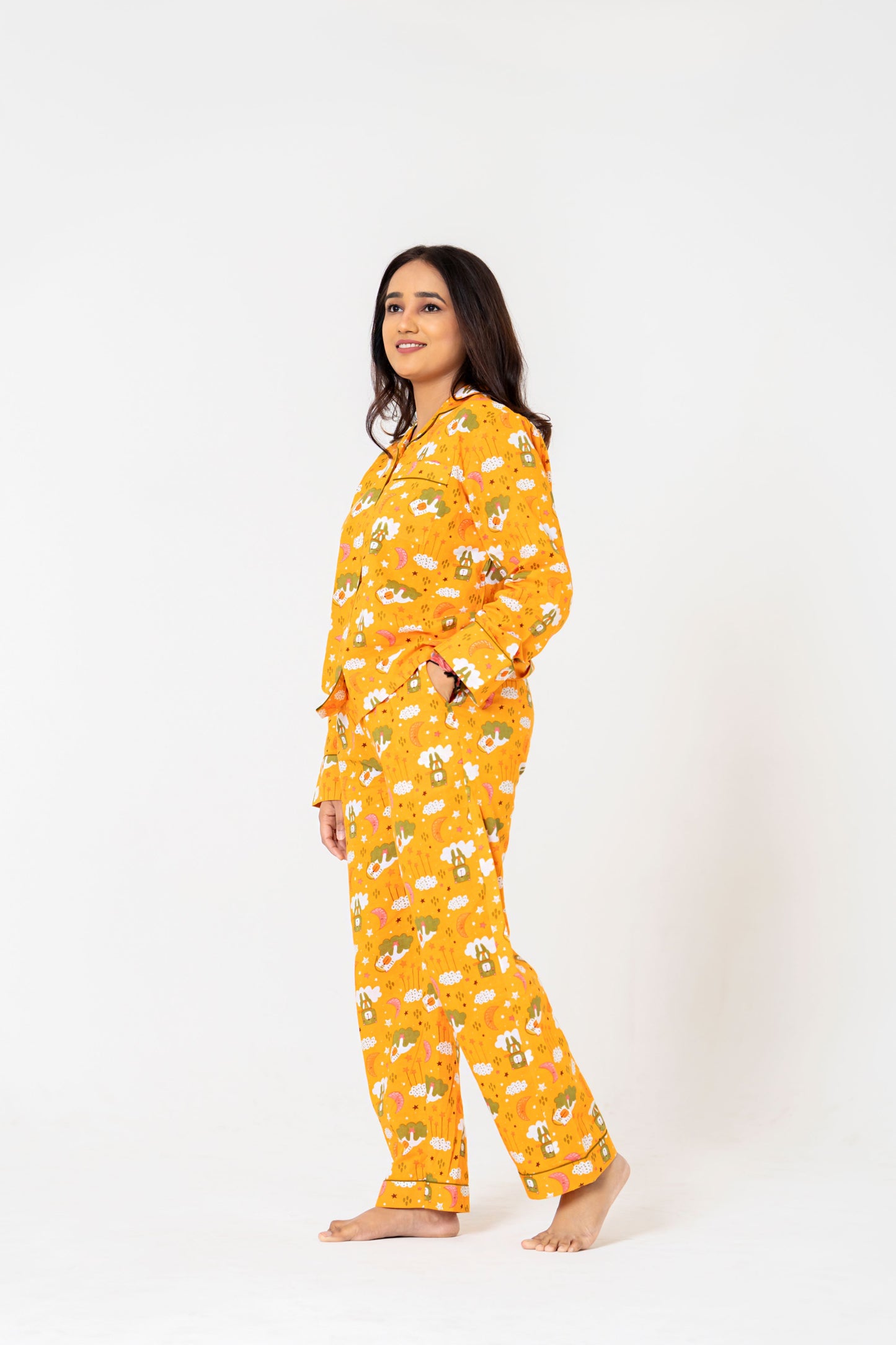 Cozy Orange Cartoon Print Night Suit Set