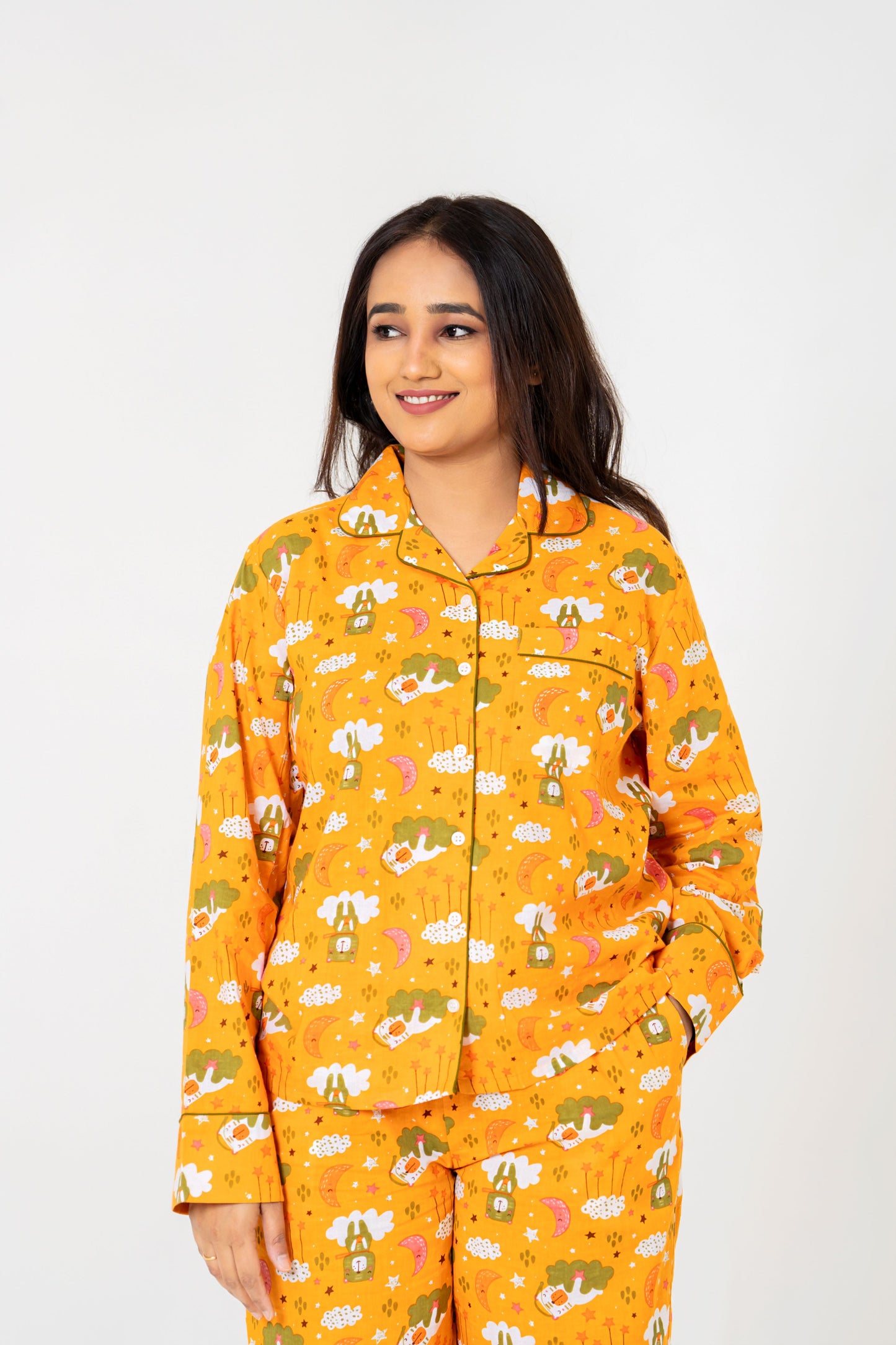 Cozy Orange Cartoon Print Night Suit Set