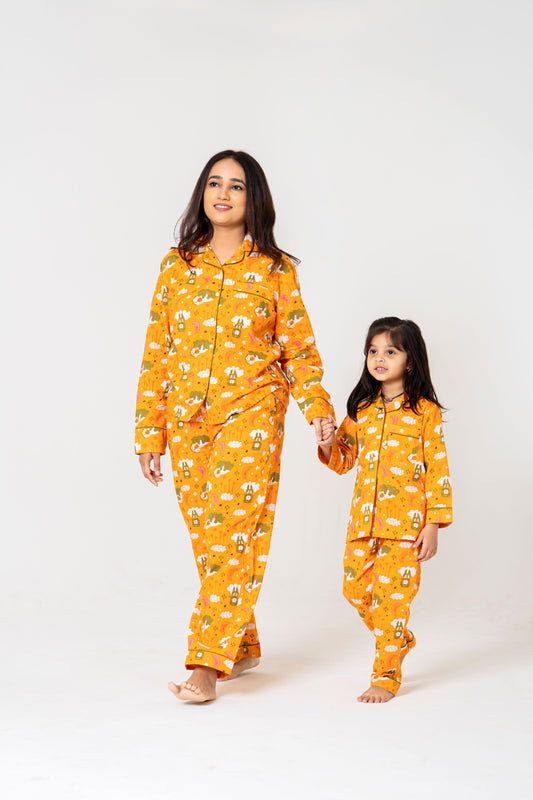 Mom & Daughter Orange Cartoon Print Night Suit Set โ Cozy & Playful Twinning