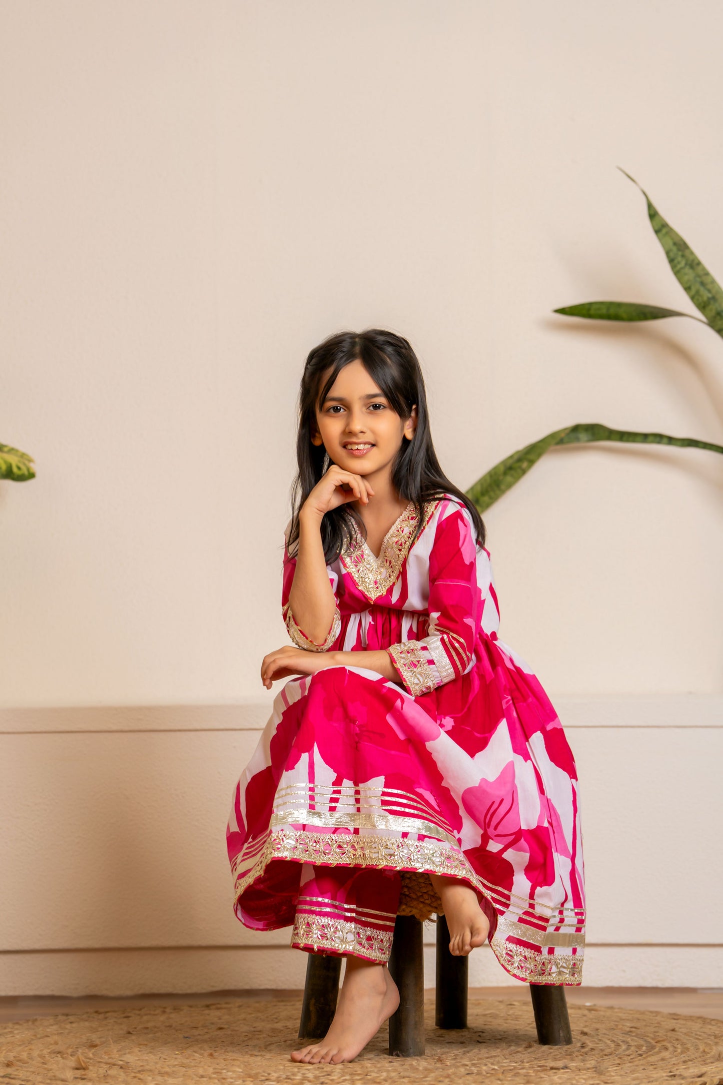 Pink Flower Anarkali 3-pc Suit Set for Girls