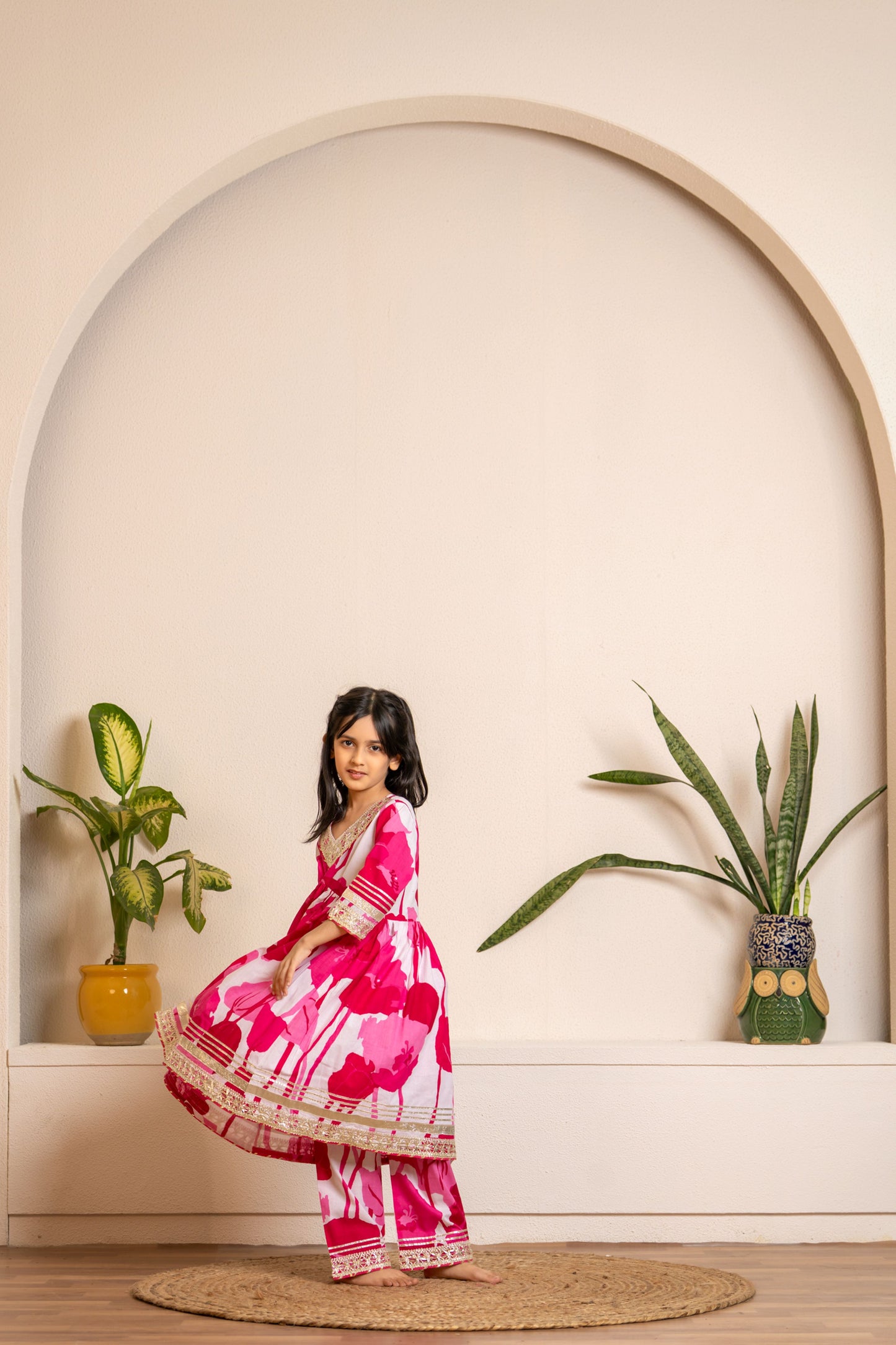 Pink Flower Anarkali 3-pc Suit Set for Girls