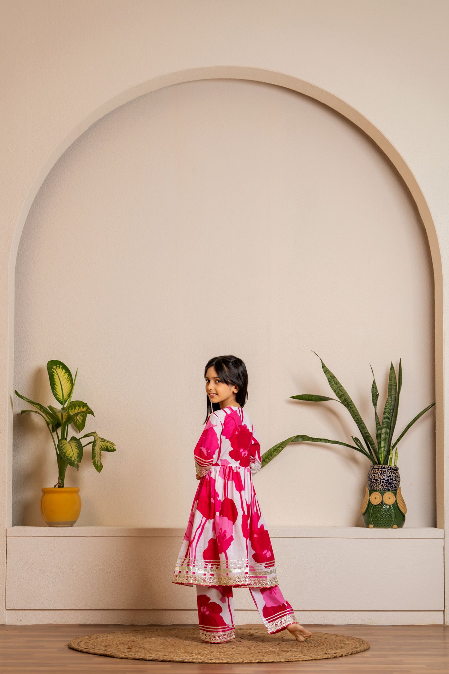 Pink Flower Anarkali 3-pc Suit Set for Girls