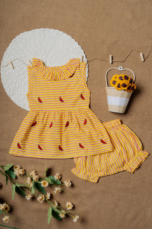 Watermelon Embroidered Yellow Baby Frock & Shorts