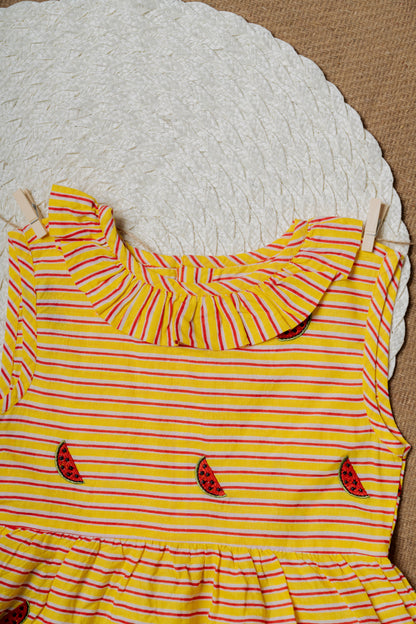 Watermelon Embroidered Yellow Baby Frock & Shorts