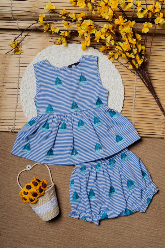 Yacht Embroidered Blue Baby Frock & Shorts