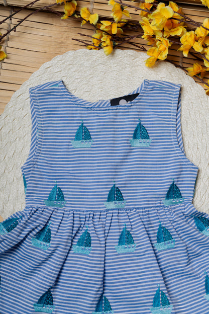 Yacht Embroidered Blue Baby Frock & Shorts