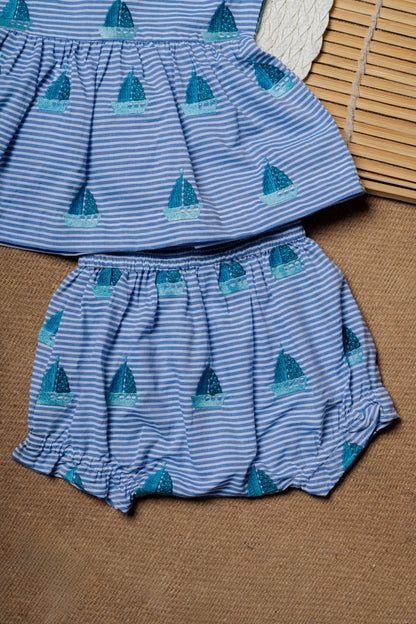 Yacht Embroidered Blue Baby Frock & Shorts