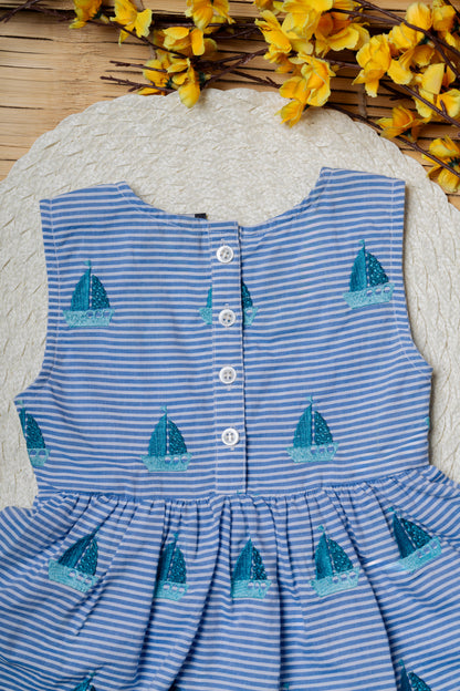 Yacht Embroidered Blue Baby Frock & Shorts