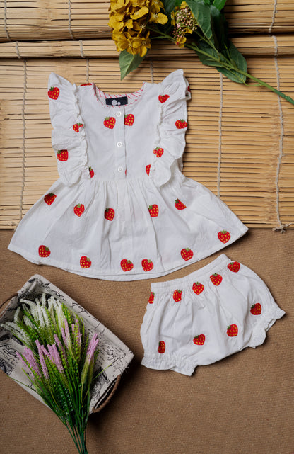 Strawberry Embroidered White Ruffled Baby Frock & Shorts