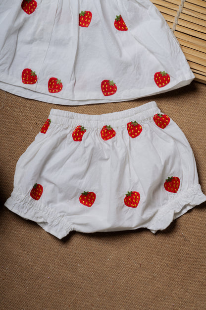 Strawberry Embroidered White Ruffled Baby Frock & Shorts