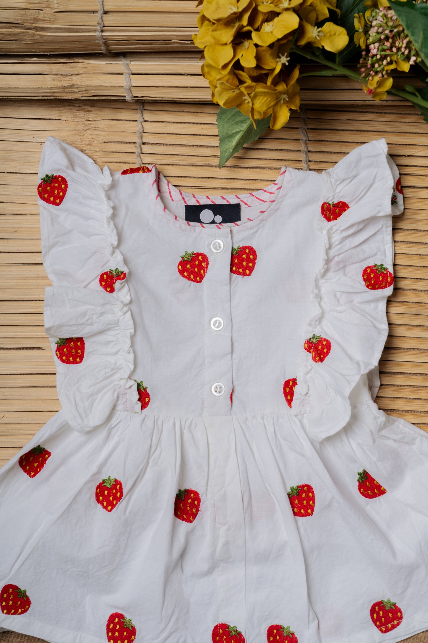 Strawberry Embroidered White Ruffled Baby Frock & Shorts